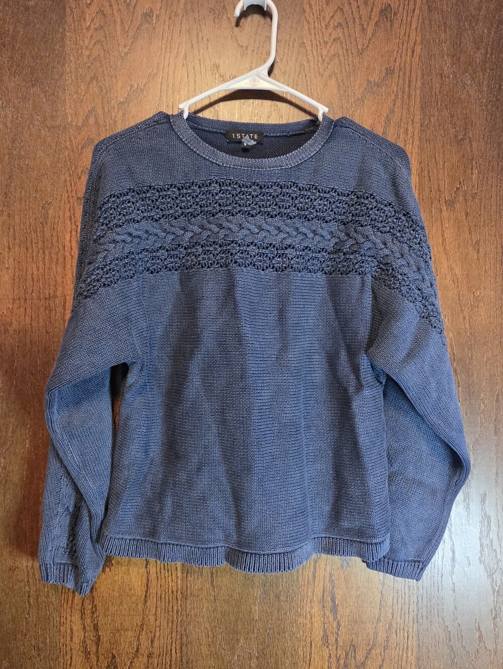 1. STATE Blue Crewneck Sweater with Cable Yoke